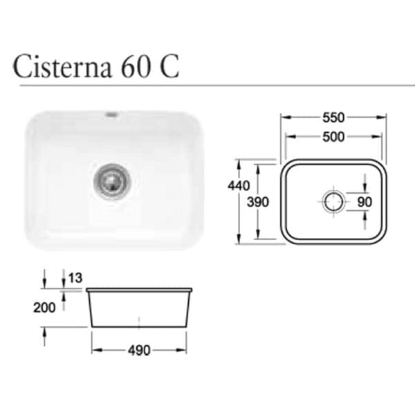 Cisterna c Kitchen sink ceramic undermount design tech spec ()