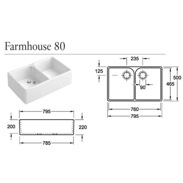 Villeroy & Boch Farmhouse Double Bowl Built in Sink technical specifcations and sizing dimensions